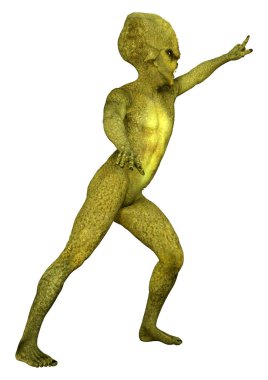 Beyaz arka planda izole edilmiş yeşil bir uzaylının 3 boyutlu görüntüsü