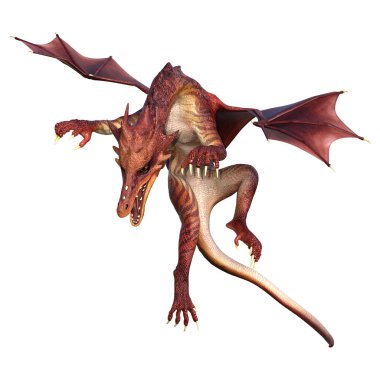 Beyaz arka planda izole edilmiş bir fantezi ejderhanın 3 boyutlu canlandırması