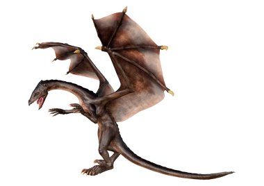 Beyaz arka planda izole edilmiş bir fantezi ejderhanın 3 boyutlu canlandırması