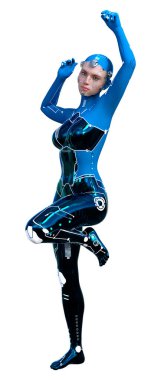 Beyaz arka planda izole edilmiş bir kadın robotun 3 boyutlu canlandırması