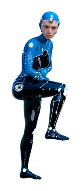 Beyaz arka planda izole edilmiş bir kadın robotun 3 boyutlu canlandırması