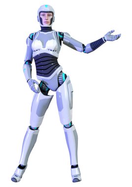 Beyaz arka planda izole edilmiş bir kadın robotun 3 boyutlu canlandırması