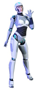 Beyaz arka planda izole edilmiş bir kadın robotun 3 boyutlu canlandırması