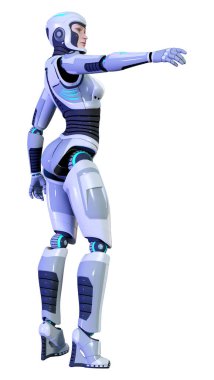 Beyaz arka planda izole edilmiş bir kadın robotun 3 boyutlu canlandırması