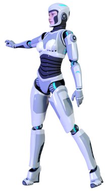 Beyaz arka planda izole edilmiş bir kadın robotun 3 boyutlu canlandırması