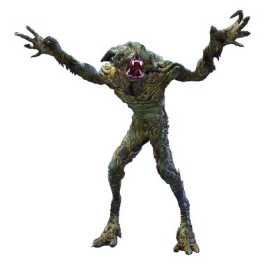 Beyaz arka planda izole edilmiş yeşil bir uzaylının 3 boyutlu görüntüsü