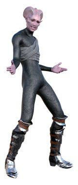 Beyaz arka planda izole edilmiş bir fantezi uzaylının 3 boyutlu canlandırması