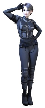 Beyaz arka planda izole edilmiş bir bilim kurgu savaşçısı kadının 3 boyutlu görüntüsü