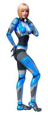 Beyaz arka planda izole edilmiş bir kadın robotun 3 boyutlu canlandırması