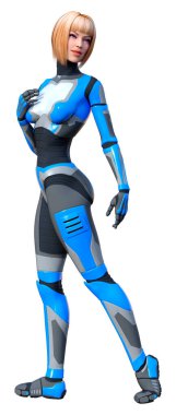 Beyaz arka planda izole edilmiş bir kadın robotun 3 boyutlu canlandırması