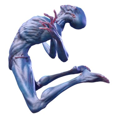 Beyaz arka planda izole edilmiş mavi erkek bir uzaylının 3 boyutlu görüntüsü