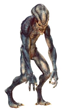 Beyaz arka planda izole edilmiş bir fantezi uzaylının 3 boyutlu canlandırması