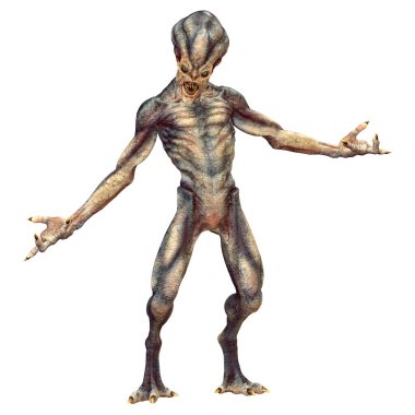 Beyaz arka planda izole edilmiş bir fantezi uzaylının 3 boyutlu canlandırması