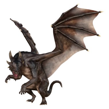 Beyaz arka planda izole edilmiş bir fantezi ejderhanın 3 boyutlu canlandırması