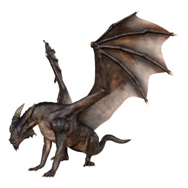 Beyaz arka planda izole edilmiş bir fantezi ejderhanın 3 boyutlu canlandırması