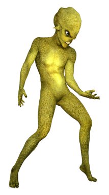 Beyaz arka planda izole edilmiş yeşil bir uzaylının 3 boyutlu görüntüsü