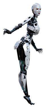 Beyaz arka planda izole edilmiş bir kadın robotun 3 boyutlu canlandırması