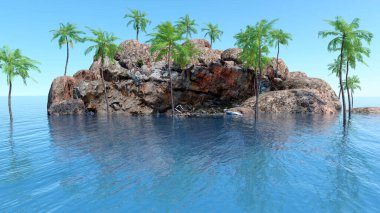Tropikal bir ada manzarasının 3 boyutlu yansıması