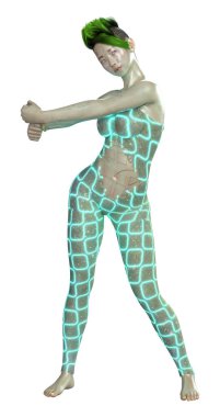 Beyaz arka planda izole edilmiş bir kadın robotun 3 boyutlu canlandırması