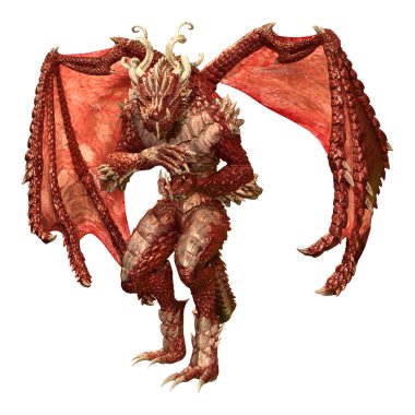 Beyaz arka planda izole edilmiş bir fantezi ejderhanın 3 boyutlu canlandırması