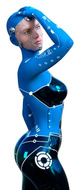 Beyaz arka planda izole edilmiş bir kadın robotun 3 boyutlu canlandırması