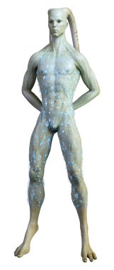 Beyaz arka planda izole edilmiş yeşil bir uzaylının 3 boyutlu görüntüsü