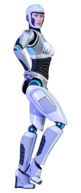 Beyaz arka planda izole edilmiş bir kadın robotun 3 boyutlu canlandırması