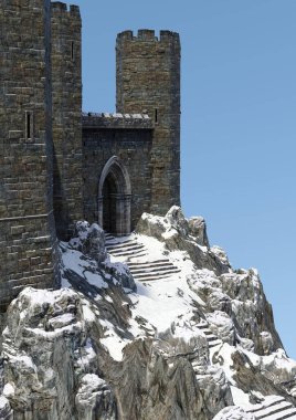 3 boyutlu fantezi bir kış şatosunun dış görünüşü, mavi gökyüzü arka planı