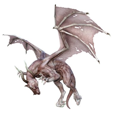 Beyaz arka planda izole edilmiş bir fantezi ejderhanın 3 boyutlu canlandırması