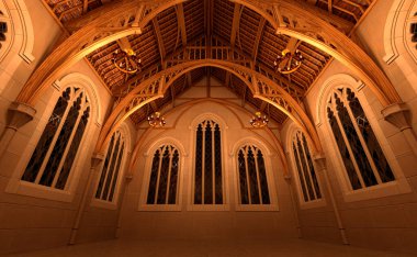 Bir ortaçağ salon iç dekorasyonunun 3D görüntüsü