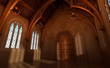 Bir ortaçağ salon iç dekorasyonunun 3D görüntüsü