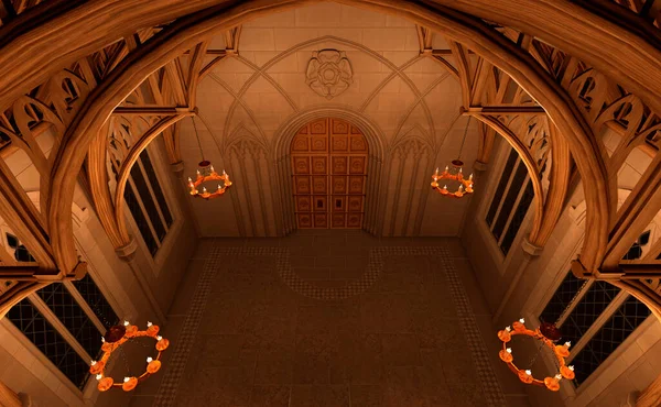 中世纪大厅内部的3D渲染 — 图库照片