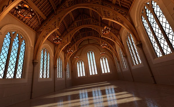 中世纪大厅内部的3D渲染 — 图库照片