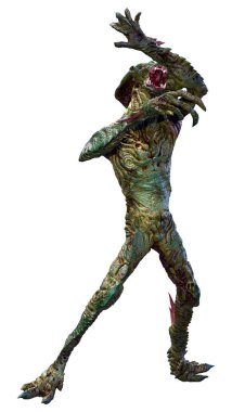 Beyaz arka planda izole edilmiş yeşil bir uzaylının 3 boyutlu görüntüsü