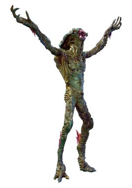 Beyaz arka planda izole edilmiş yeşil bir uzaylının 3 boyutlu görüntüsü