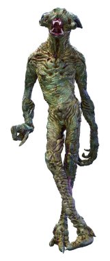 Beyaz arka planda izole edilmiş yeşil bir uzaylının 3 boyutlu görüntüsü