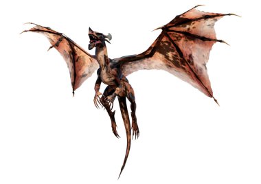 Beyaz arka planda izole edilmiş bir fantezi ejderhanın 3 boyutlu canlandırması