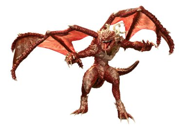 Beyaz arka planda izole edilmiş bir fantezi ejderhanın 3 boyutlu canlandırması