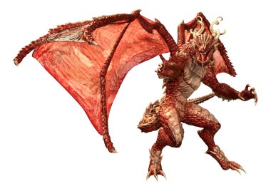 Beyaz arka planda izole edilmiş bir fantezi ejderhanın 3 boyutlu canlandırması