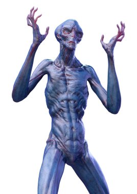 Beyaz arka planda izole edilmiş mavi bir uzaylının 3 boyutlu görüntüsü