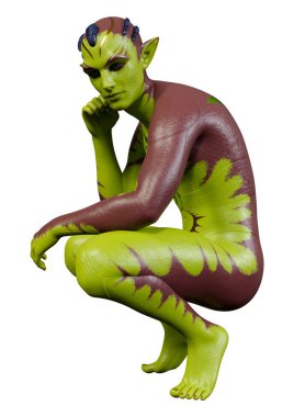 Beyaz arka planda izole edilmiş yeşil bir uzaylının 3 boyutlu görüntüsü