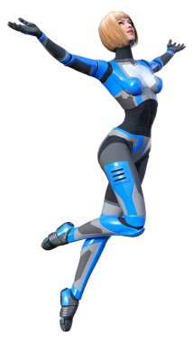 Beyaz arka planda izole edilmiş bir kadın robotun 3 boyutlu canlandırması