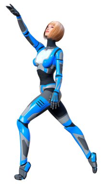 Beyaz arka planda izole edilmiş bir kadın robotun 3 boyutlu canlandırması