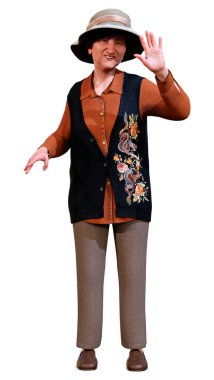 Beyaz arka planda izole edilmiş Asyalı yaşlı bir kadının 3D görüntüsü