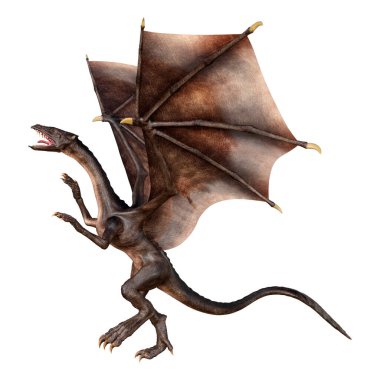 Beyaz arka planda izole edilmiş bir fantezi ejderhanın 3 boyutlu canlandırması