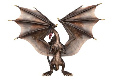 Beyaz arka planda izole edilmiş bir fantezi ejderhanın 3 boyutlu canlandırması