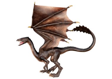 Beyaz arka planda izole edilmiş bir fantezi ejderhanın 3 boyutlu canlandırması