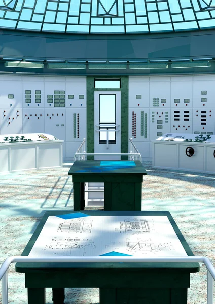 Rendering Ett Kontrollrum För Kärnkraftverk Inuti — Stockfoto