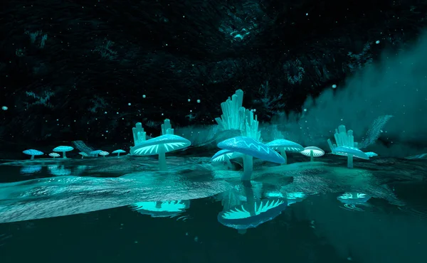 Boyutlu Bir Bilim Kurgu Kristal Mağarası Karanlıkta Sihirli Mantarlar — Stok fotoğraf