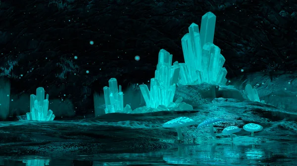 Renderização Uma Caverna Cristal Ficção Científica Cogumelos Mágicos Escuridão — Fotografia de Stock